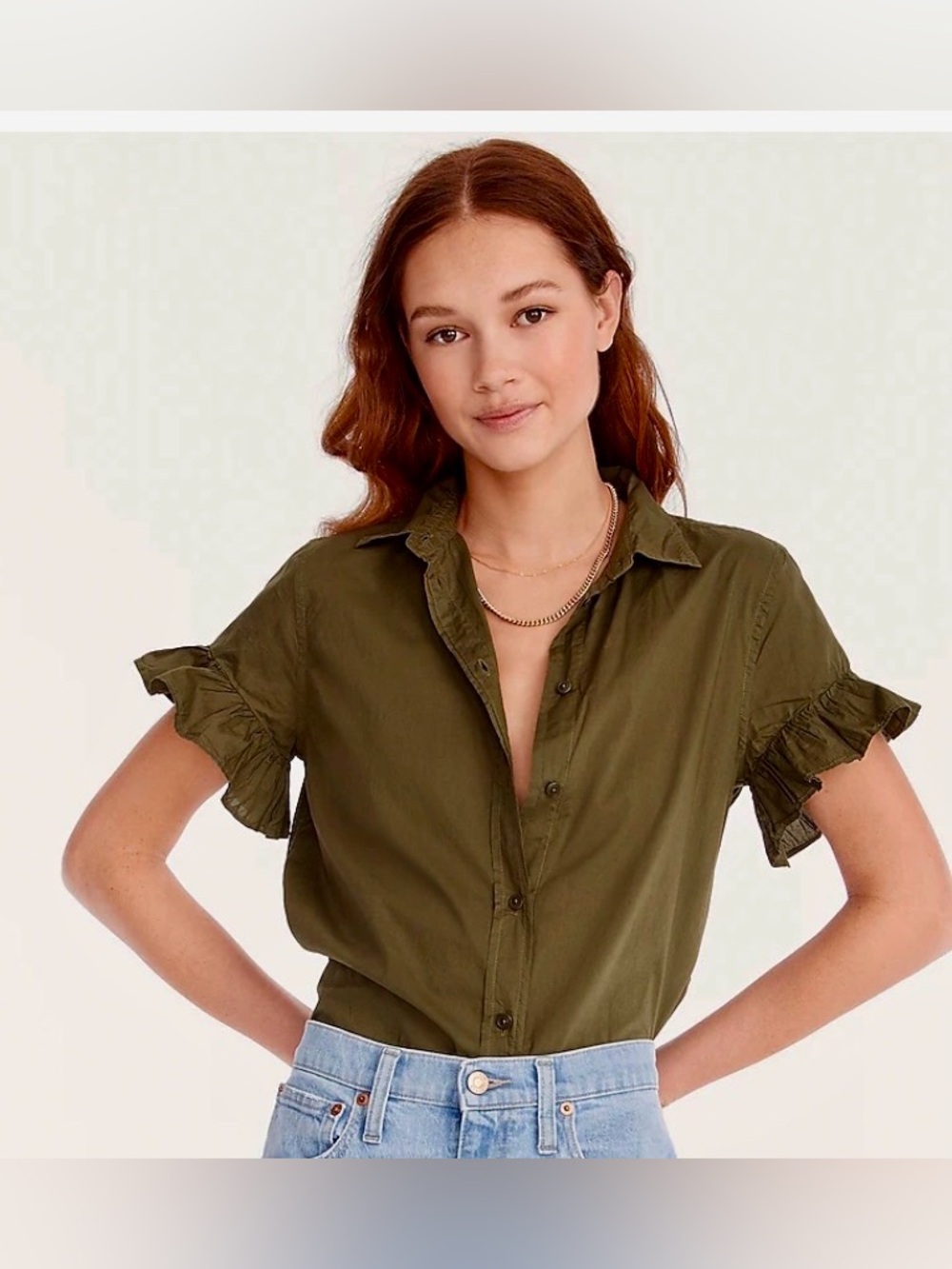 J. Crew Olive Ruffle-Sleeve Button-Down Shirt